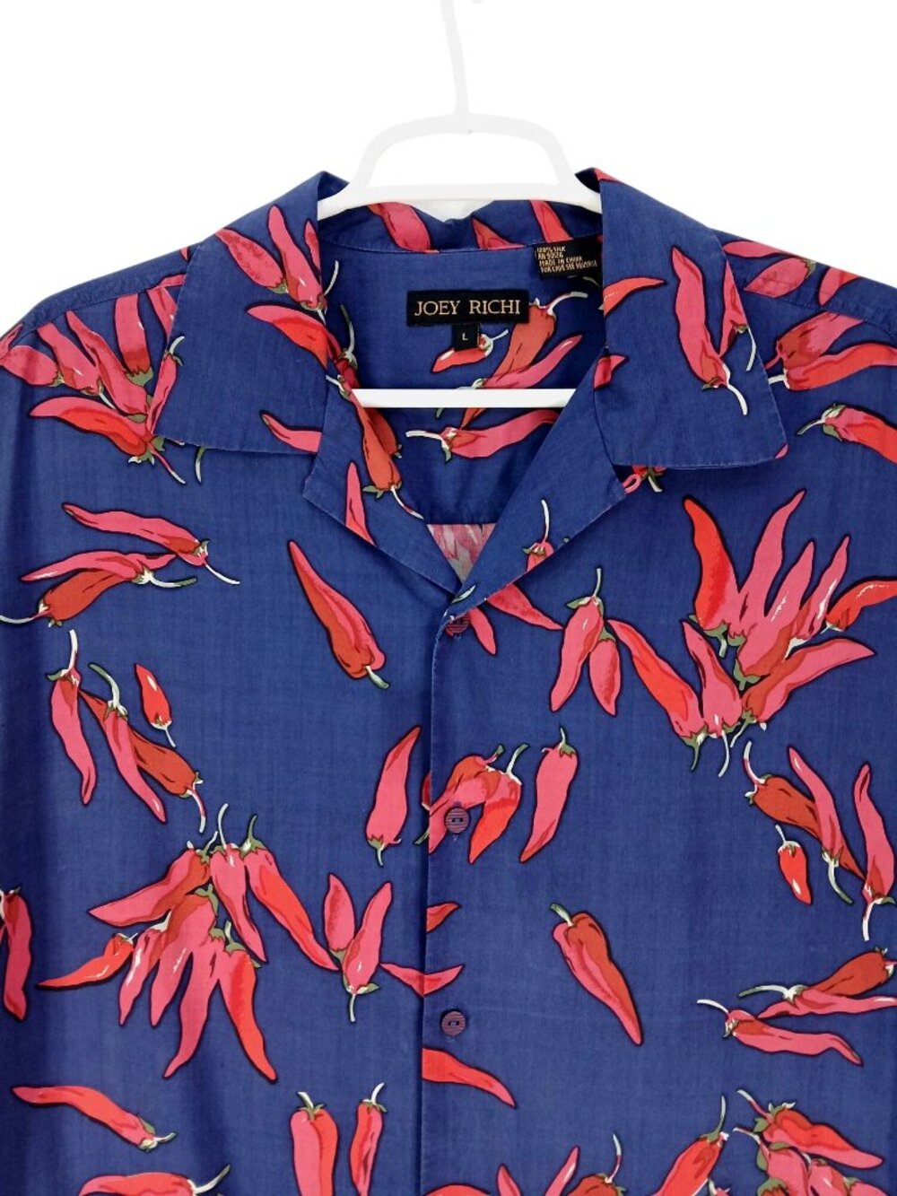 Vintage Joey Richi Mens Silk Chili Pepper Print Button Up Shirt Size L Blue Red - Picture 2 of 14